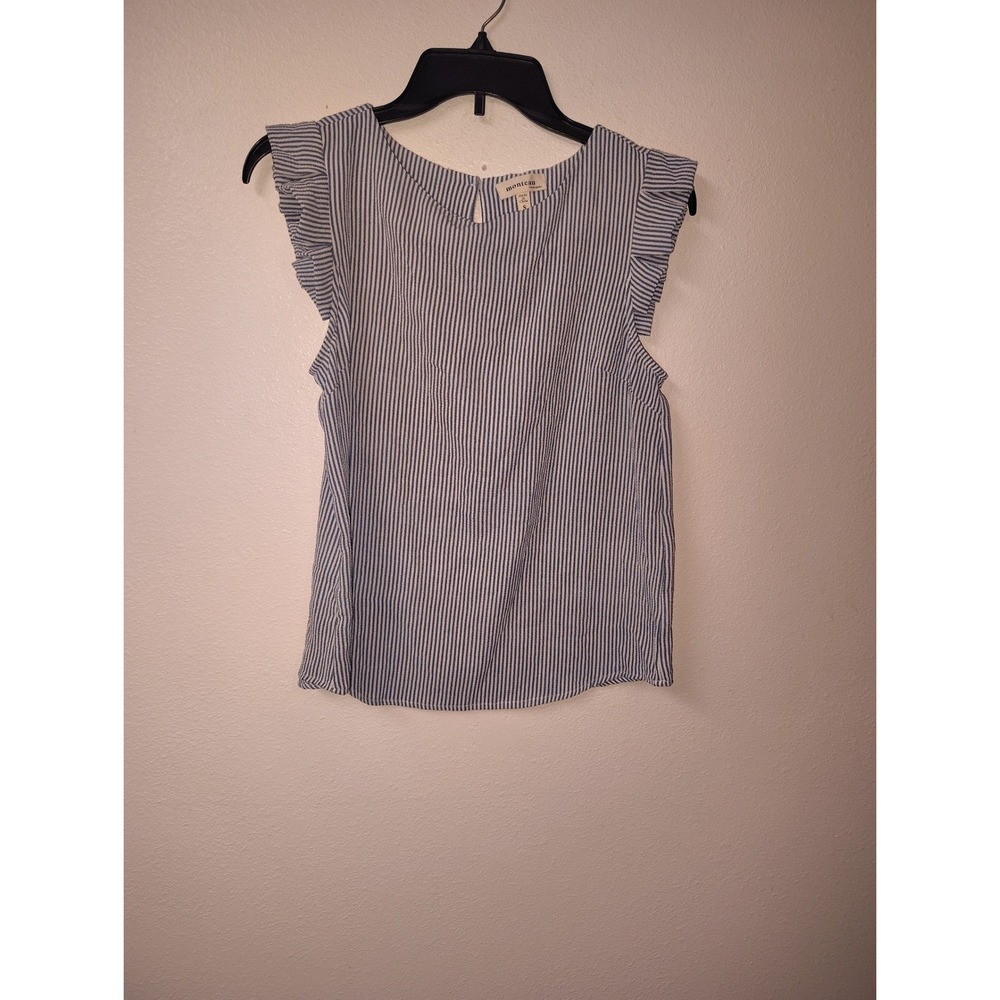 Monteau Los‎ Angeles Blue White Striped Ruffle Sleeve Blouse Top Small